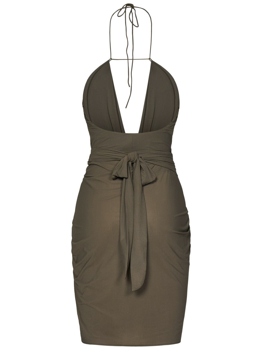 Amazuin Olive Green Mini Dress With Crossover Front