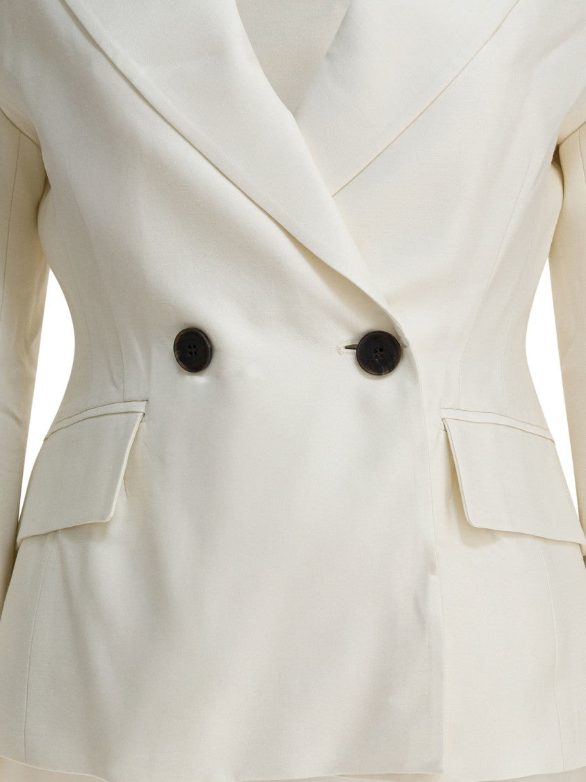 Sandbeige Double-Breasted Tailored Jacket With Flap Pockets
