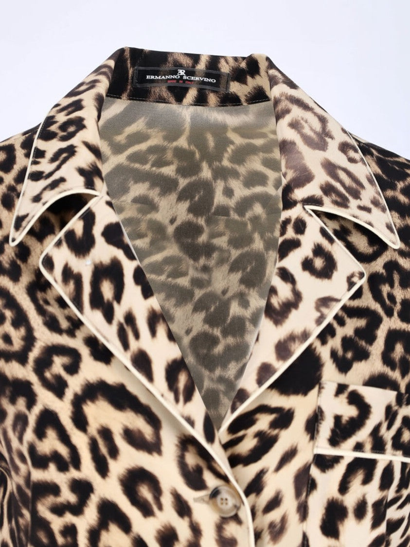 Ermanno Scervino Brown Silk Pajama Shirt, All-Over Animal Print