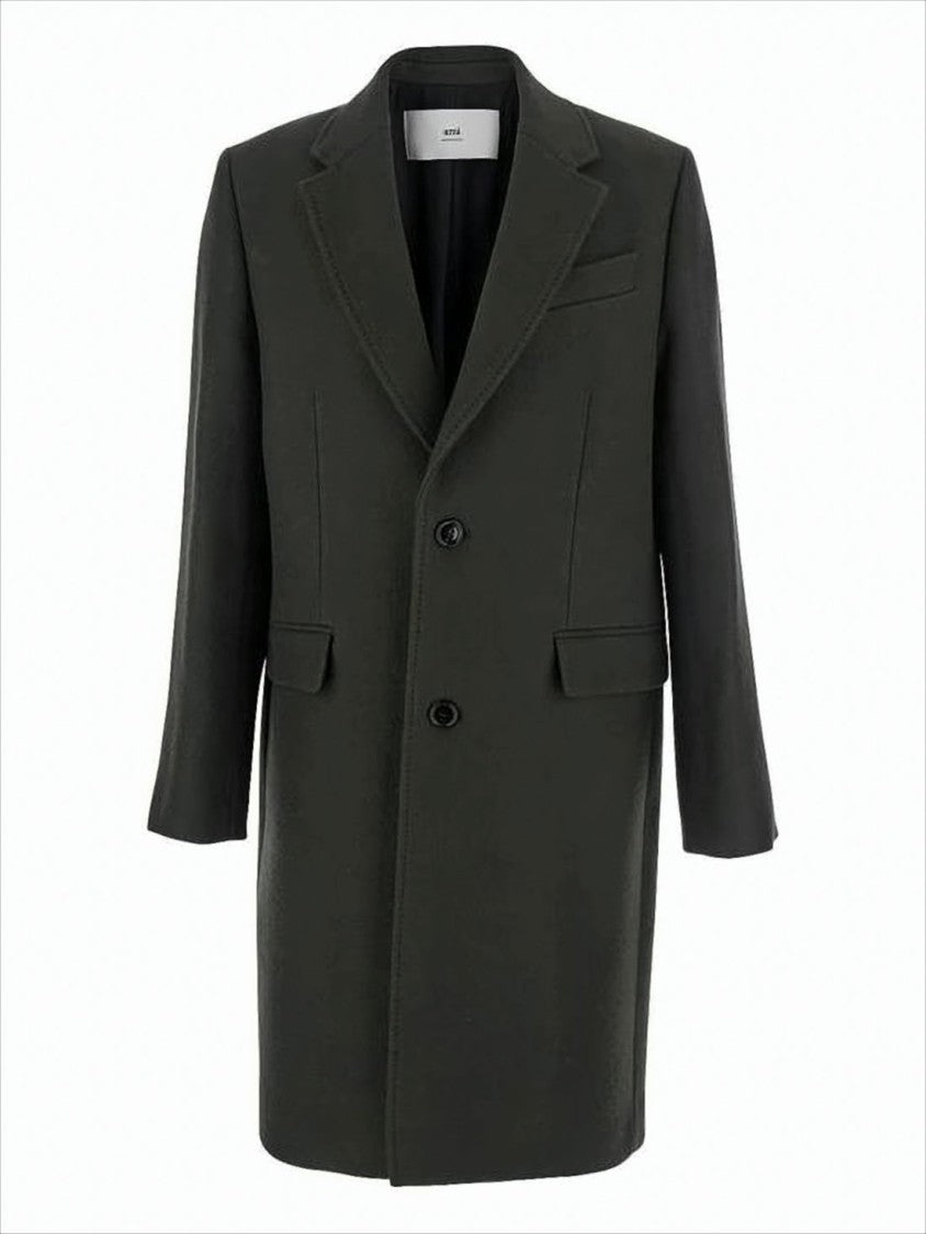 Ami Tailored Black Wool Coat With Notch Lapel