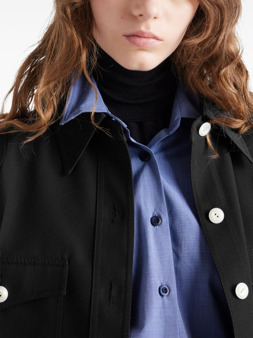Prada Wool Gabardine Coat With Classic Collar And Flap Pockets