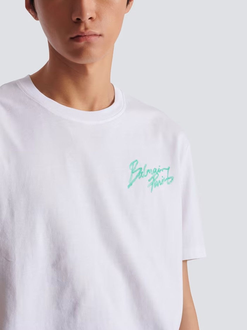 Balmain White Brush Logo Cotton T-Shirt