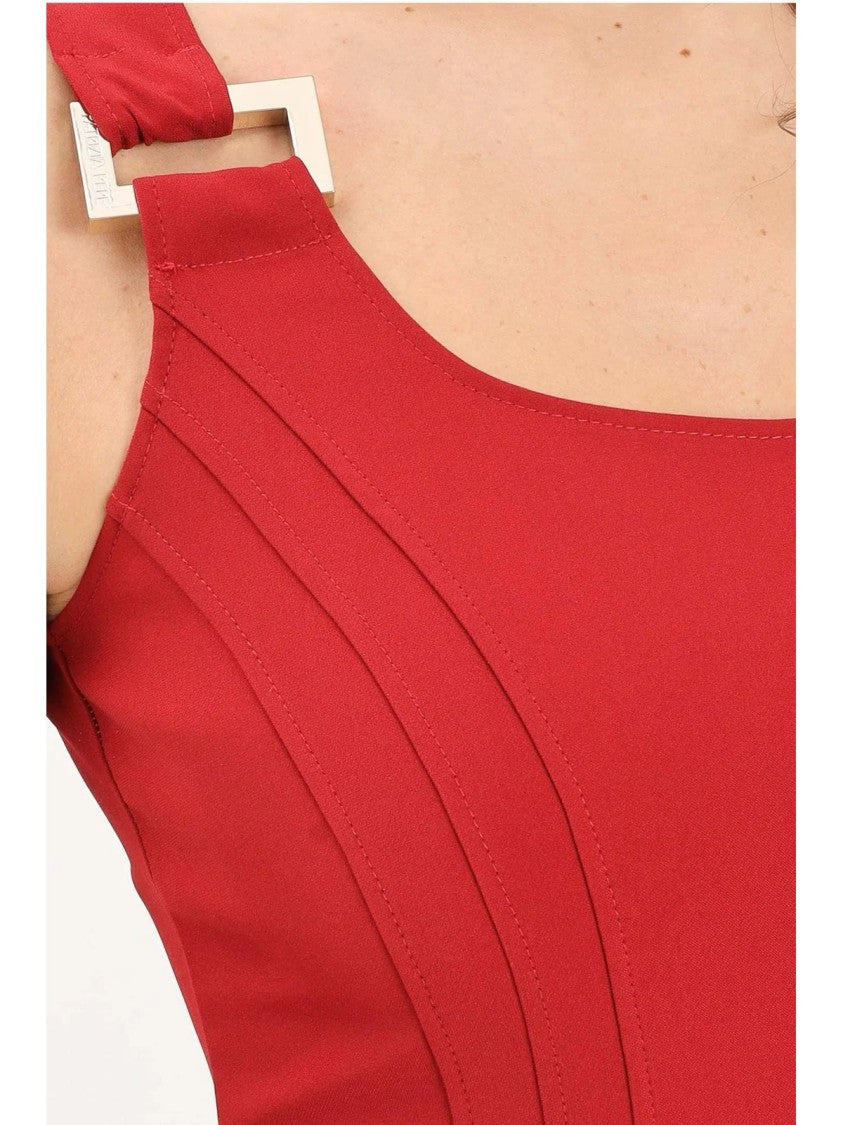 Patrizia Pepe Fitted Red Midi Dress With Square Neckline And Decorative Buckle