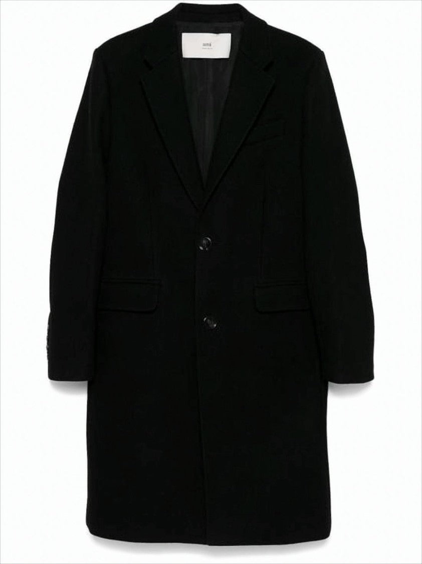 Ami Tailored Long Coat With Notched Lapel And Minimalist Design