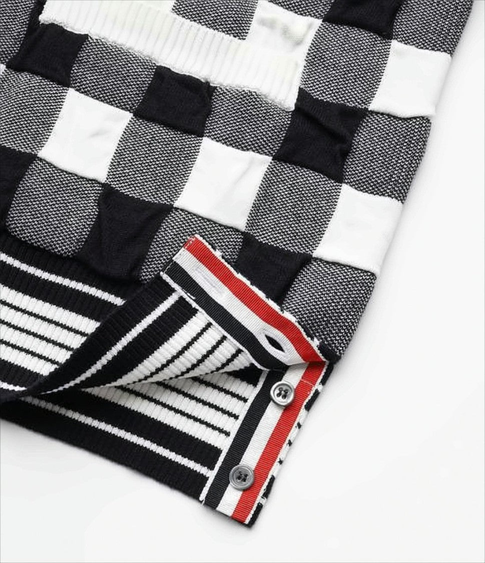 Thom Browne Checkered Knit Cardigan With V-Neckline And Patch Pockets