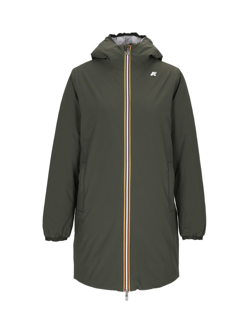 K-Way 3/4 Length Padded Jacket With Hood And Multicolor Stripe Detail