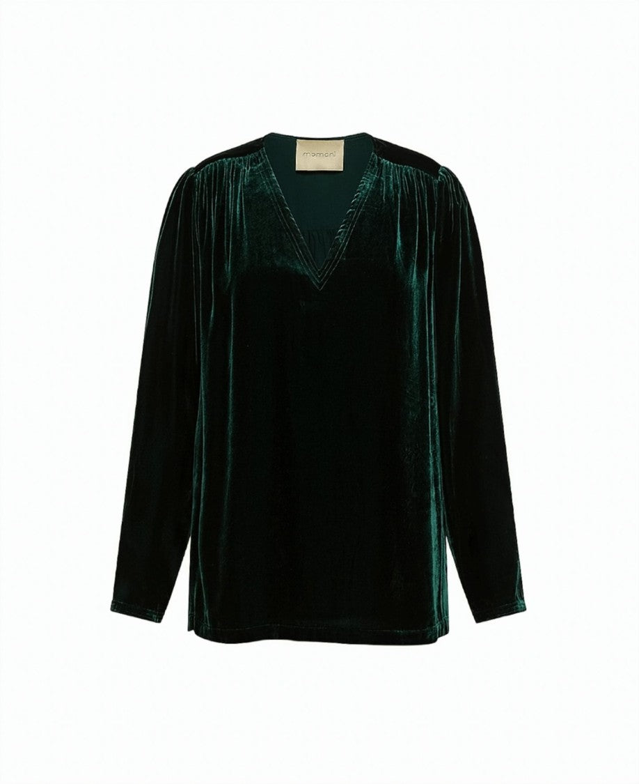 Momonì Apple Long-Sleeve Viscose-Silk Velvet V-Neck Blouse