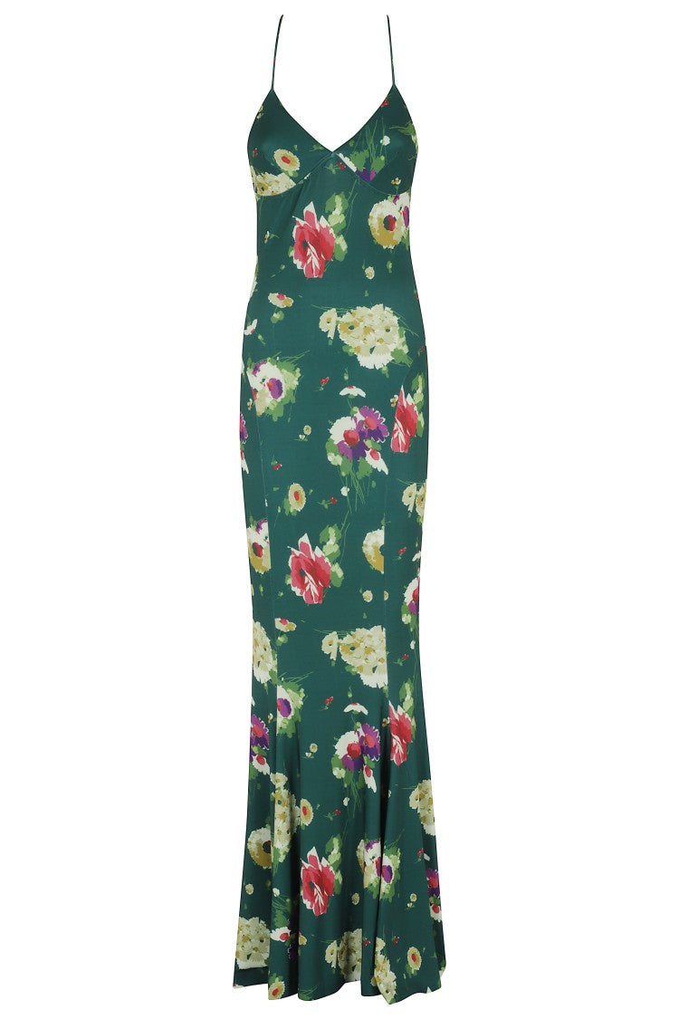 Norma Kamali Green Low Back Slip Fishtail Floral Polyester Maxi Dress
