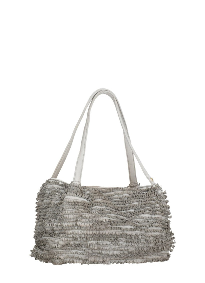 Majo Textured Grey Handbag With Fringed Leather Design
