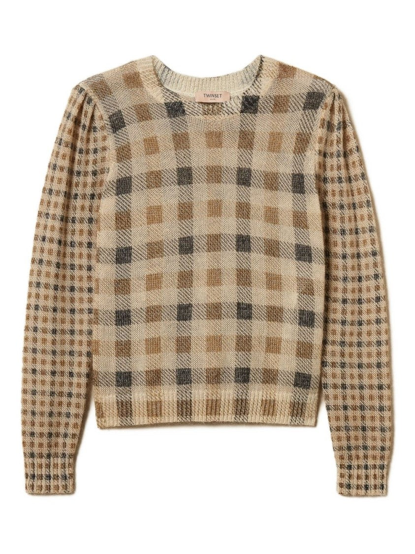 Twin-Set Checkered Knit Sweater With Puffed Sleeves