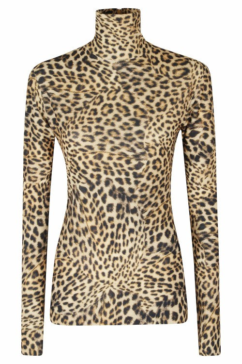 Norma Kamali Cheetah Print Polyester Turtleneck Long-Sleeve T-Shirt