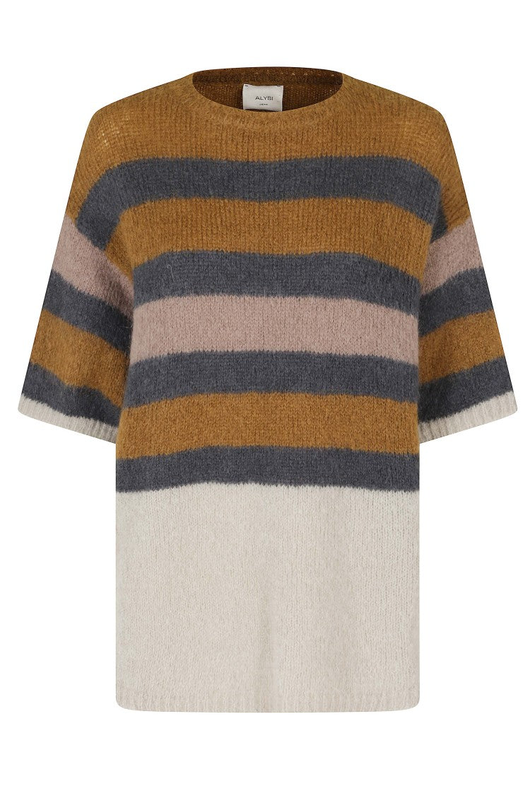 Alysi Brown/Blue Striped Mohair-Blend Short Sleeve Sweater