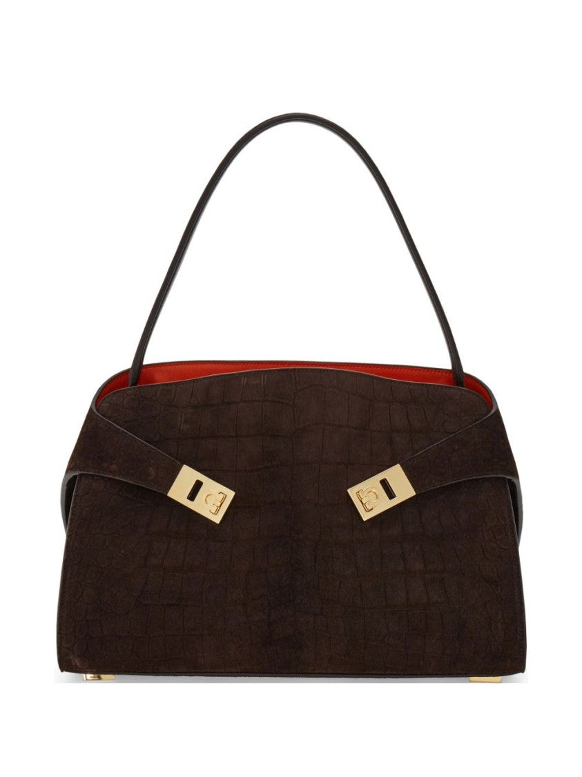 Ferragamo Structured Leather Handbag With Crocodile Pattern