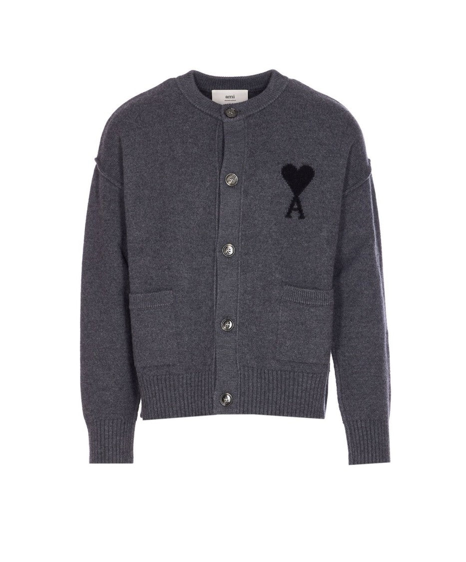 Ami Wool Cardigan With Button-Up Front And Heart Emblem