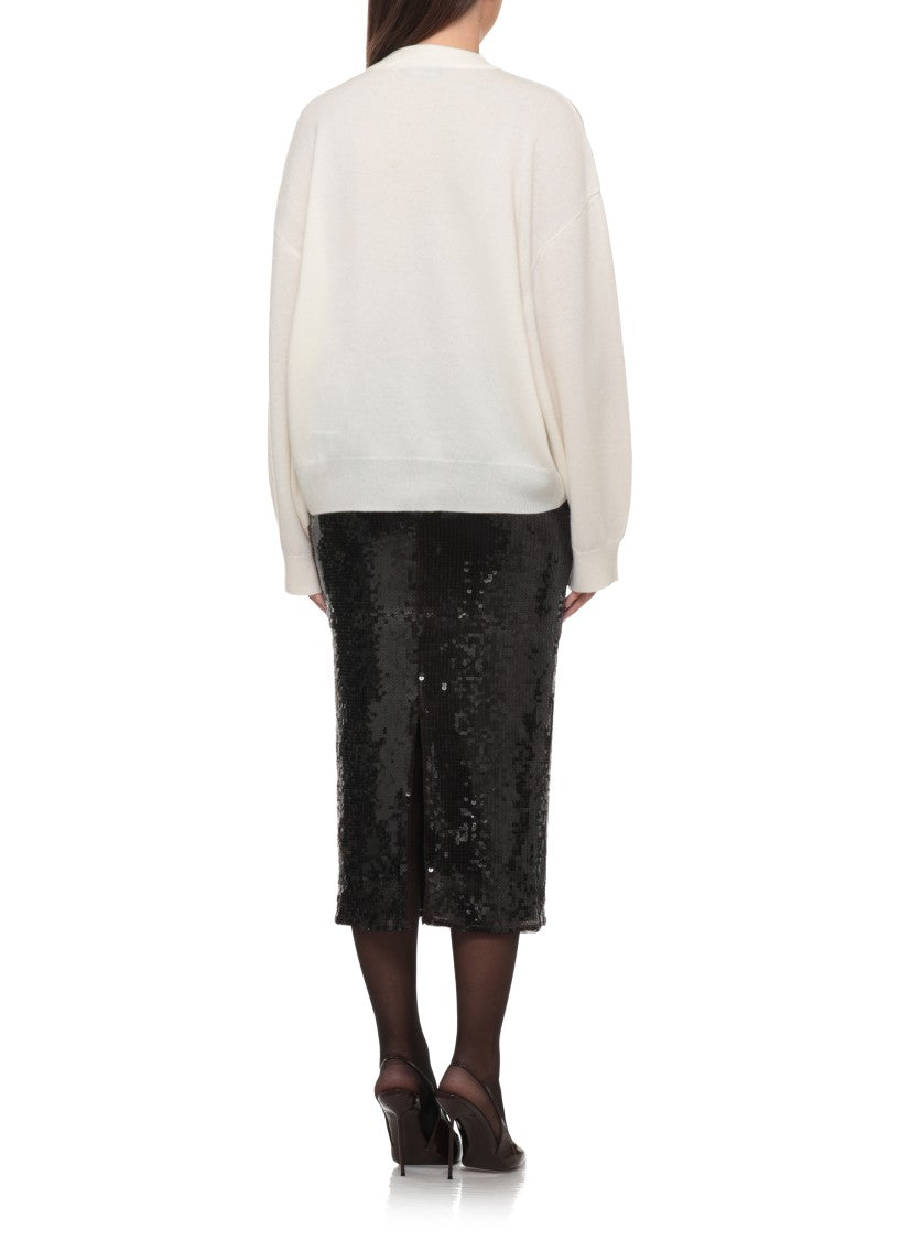 Rotate White Round-Neck Ribbed Wool Sweater