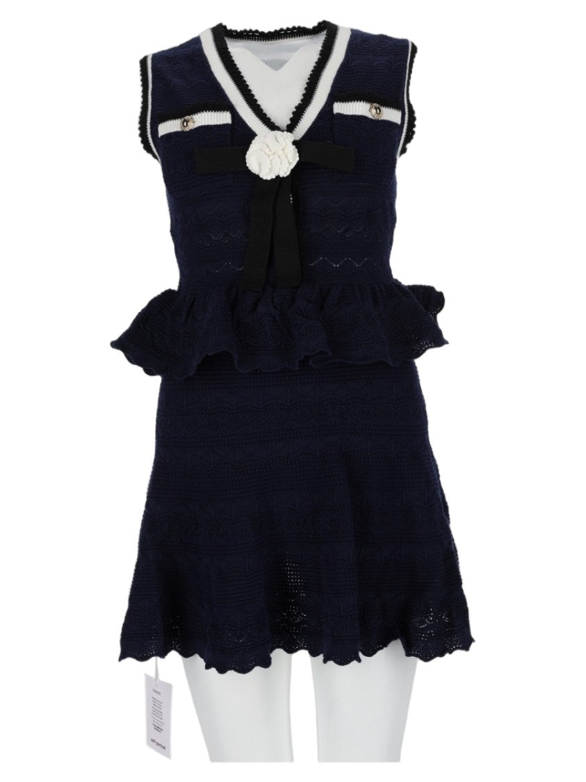 Self-Portrait Textured Knit Mini Dress With Ruffled Peplum And Bow Detail