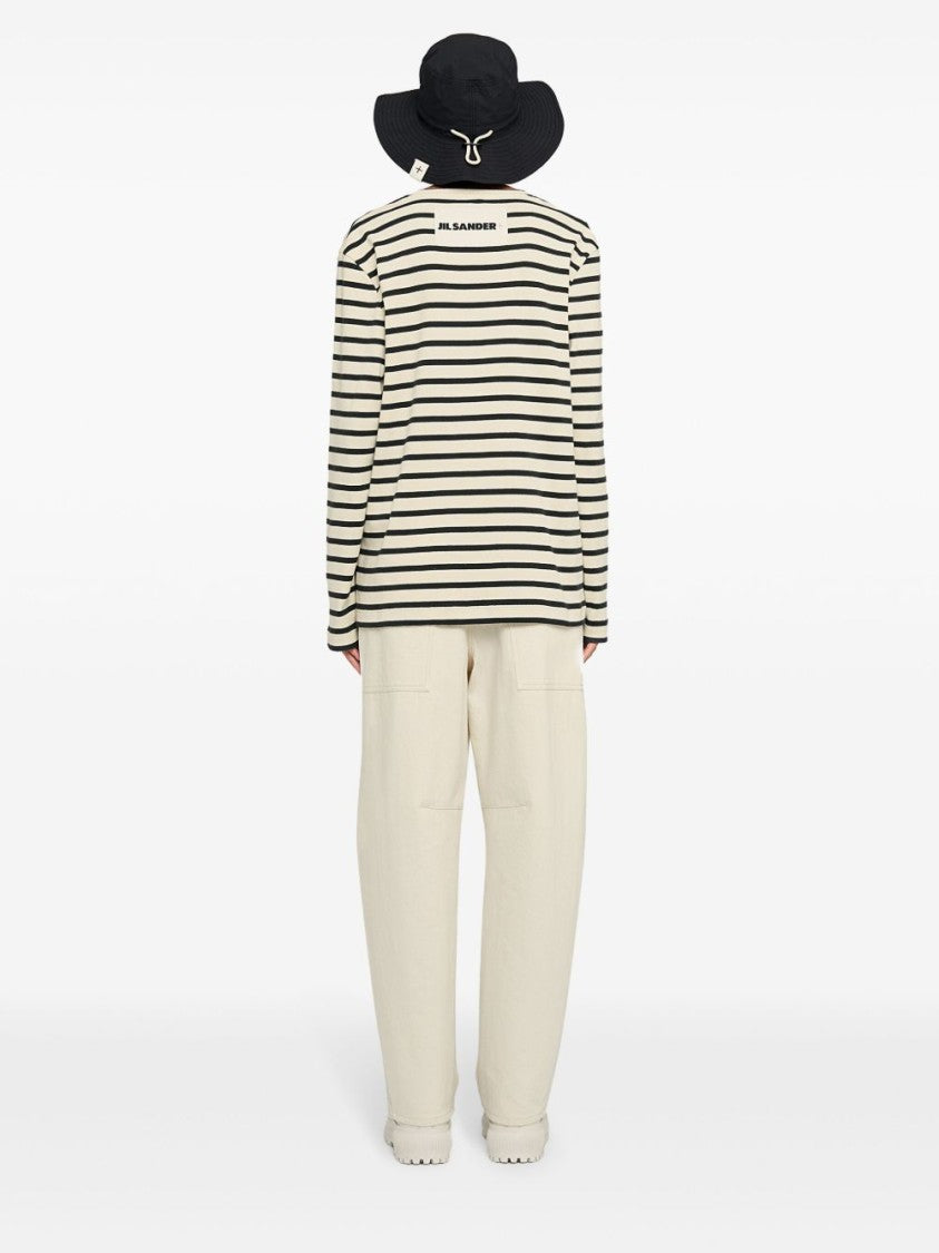 Jil Sander Fine Ribbed Off-White And Black Crew Neck Sweater