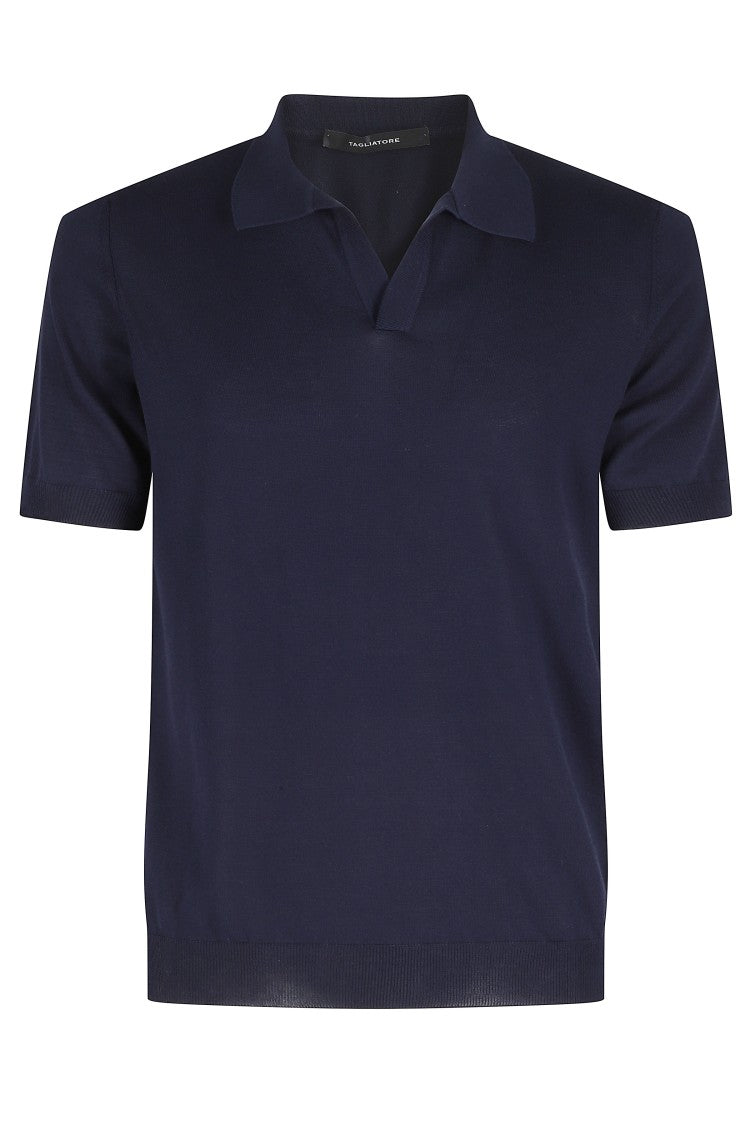 Tagliatore Blue Keith Short Sleeve Ribbed Trim Cotton Polo Shirt