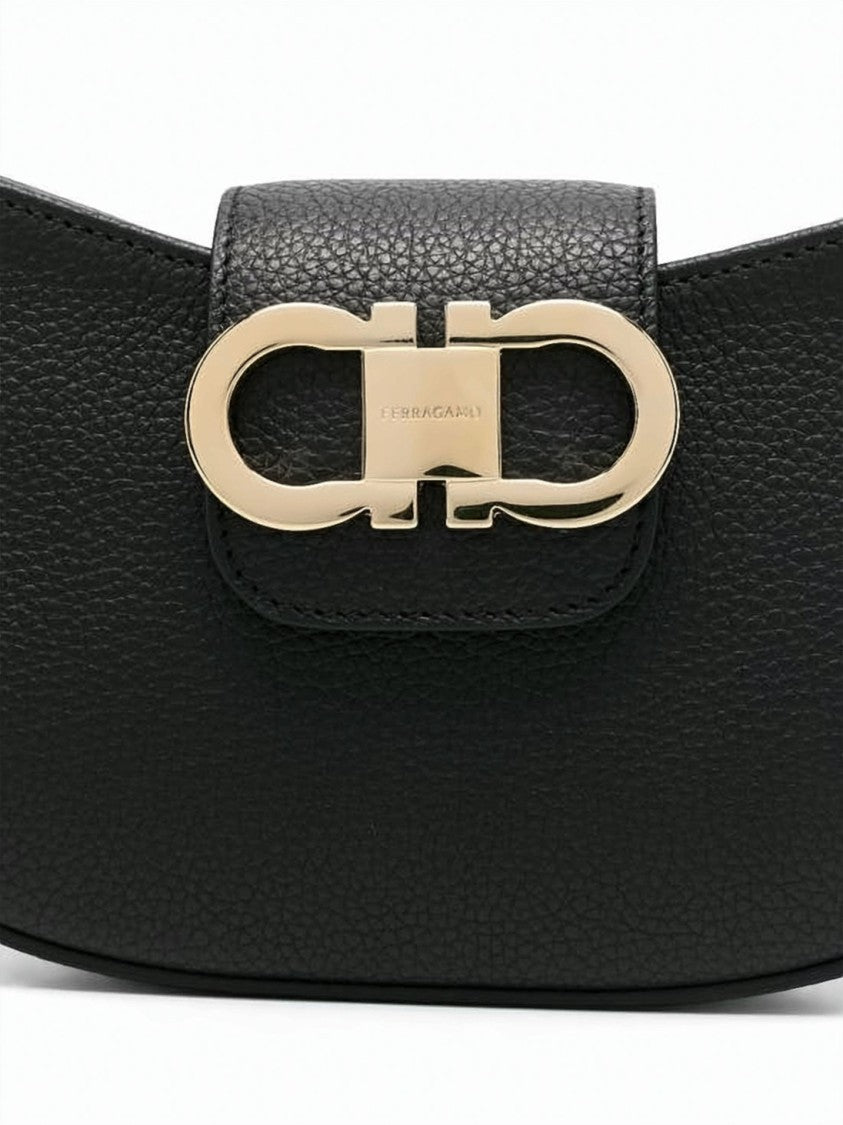 Salvatore Ferragamo Curved Rectangular Black Calf Leather Shoulder Bag