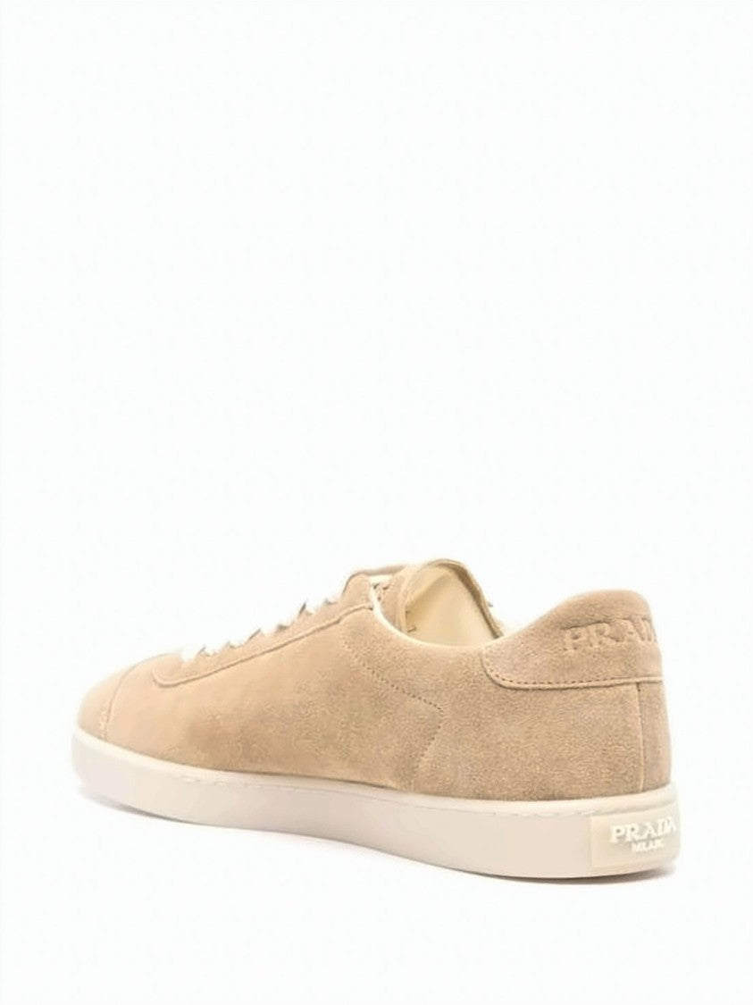Prada Beige Suede Low-Top Sneakers With Iconic Triangular Logo
