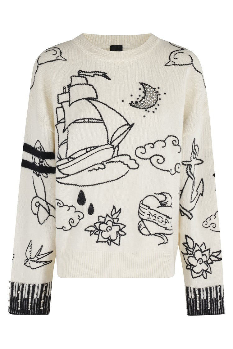 Pinko Artistic Embroidered Wool Sweater With Jewel Accents