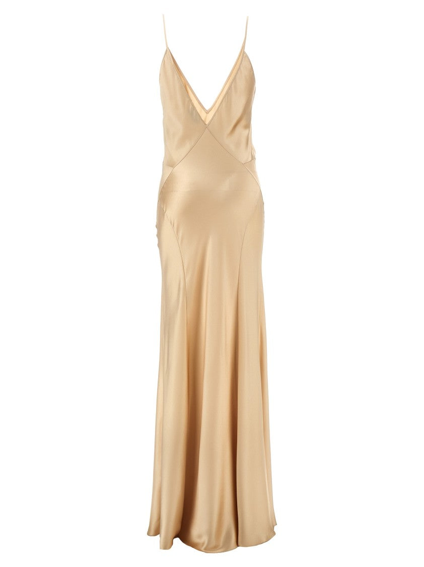 Saint Laurent V-Neck Silk Satin Evening Dress