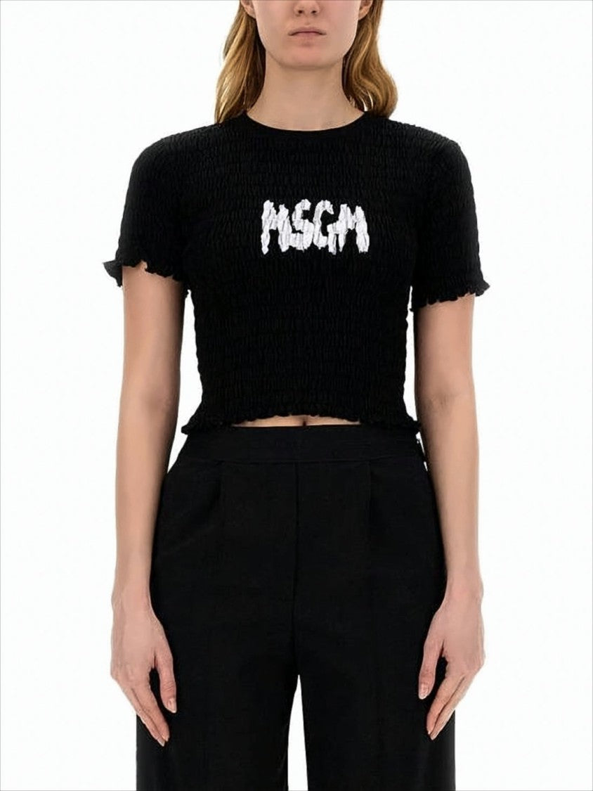Msgm Textured Cropped Black T-Shirt With Bold Logo