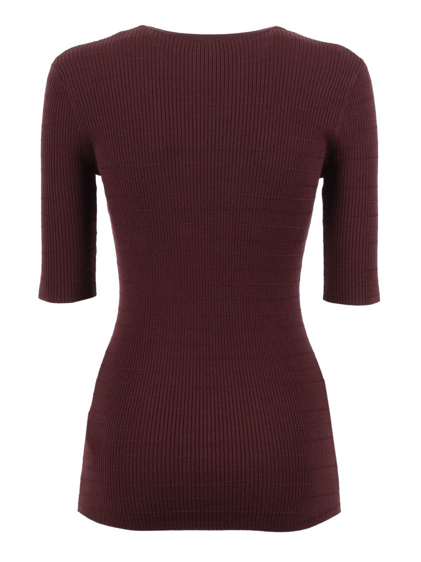 Elisabetta Franchi Burgundy Tricot Ribbed Knit Top