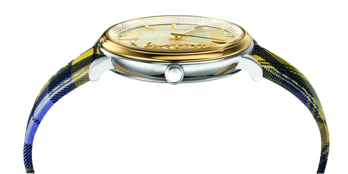 Versace Polished Stainless Steel Versace V-Circle Watch With Plaid Leather Strap