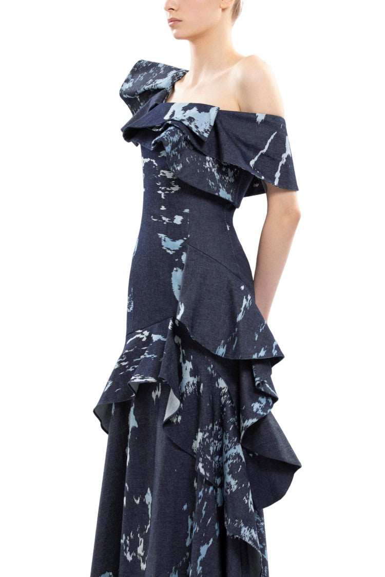 Saiid Kobeisy Layered Printed Denim Midi Dress
