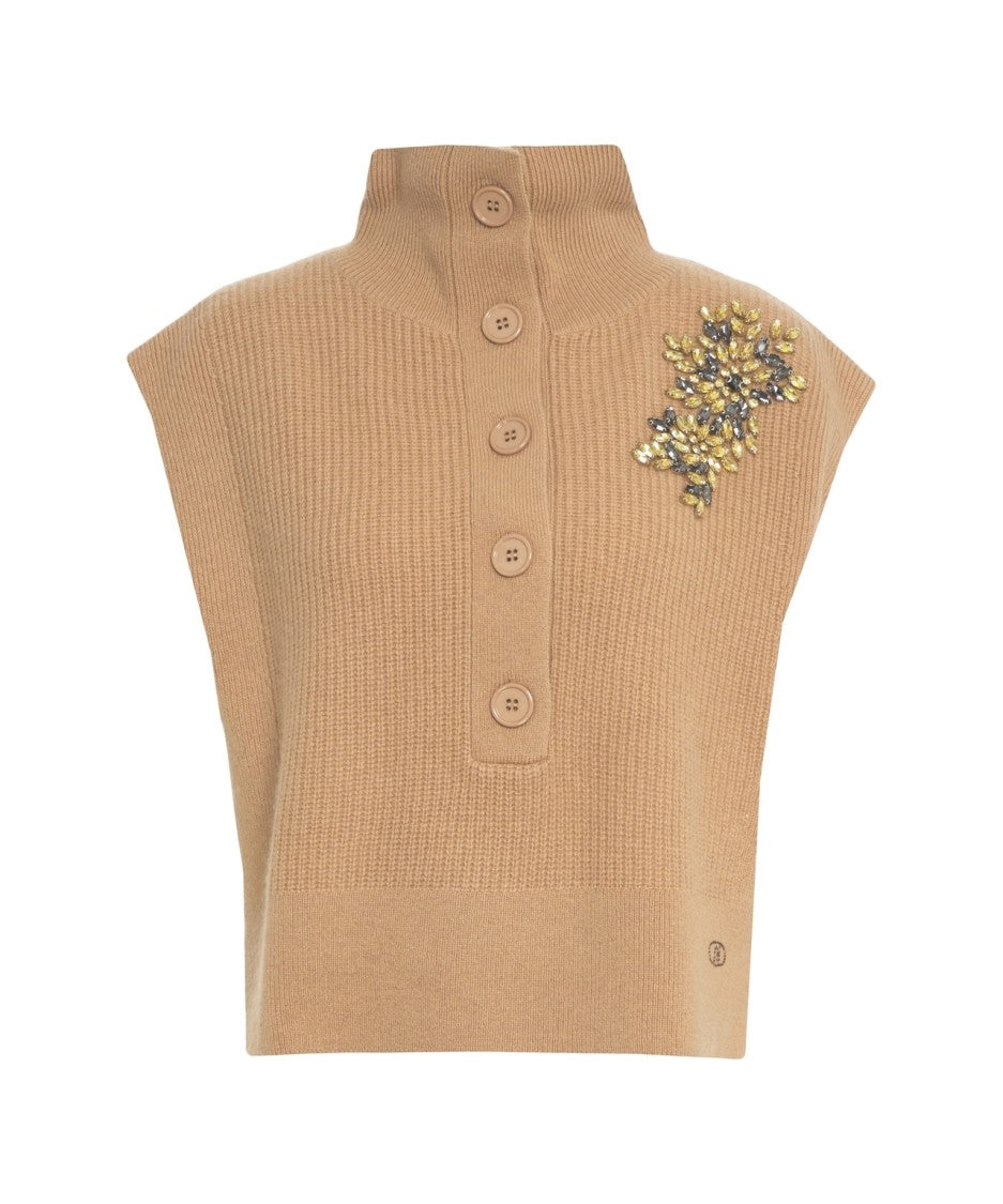 Liu Jo Sleeveless Beige Knit Vest With Embellished Shoulder And High Collar