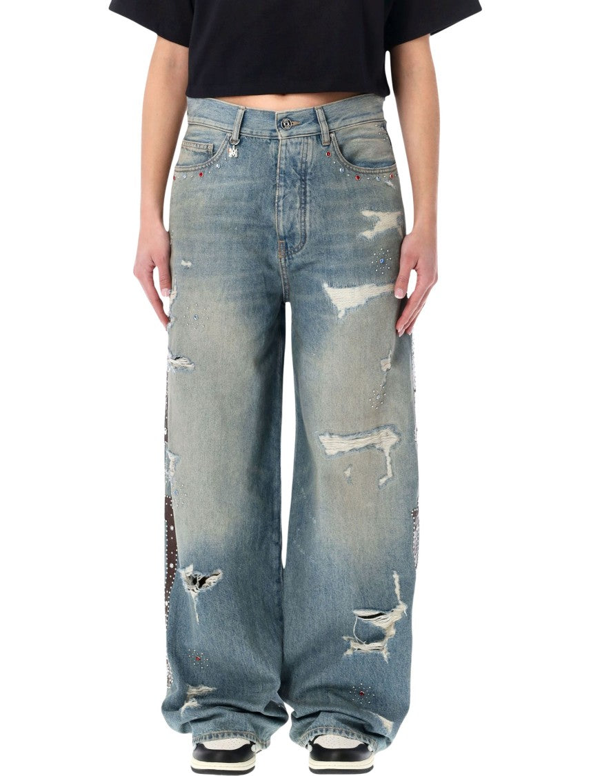 Amiri Bones Distressed Crocodile Panels Jeans