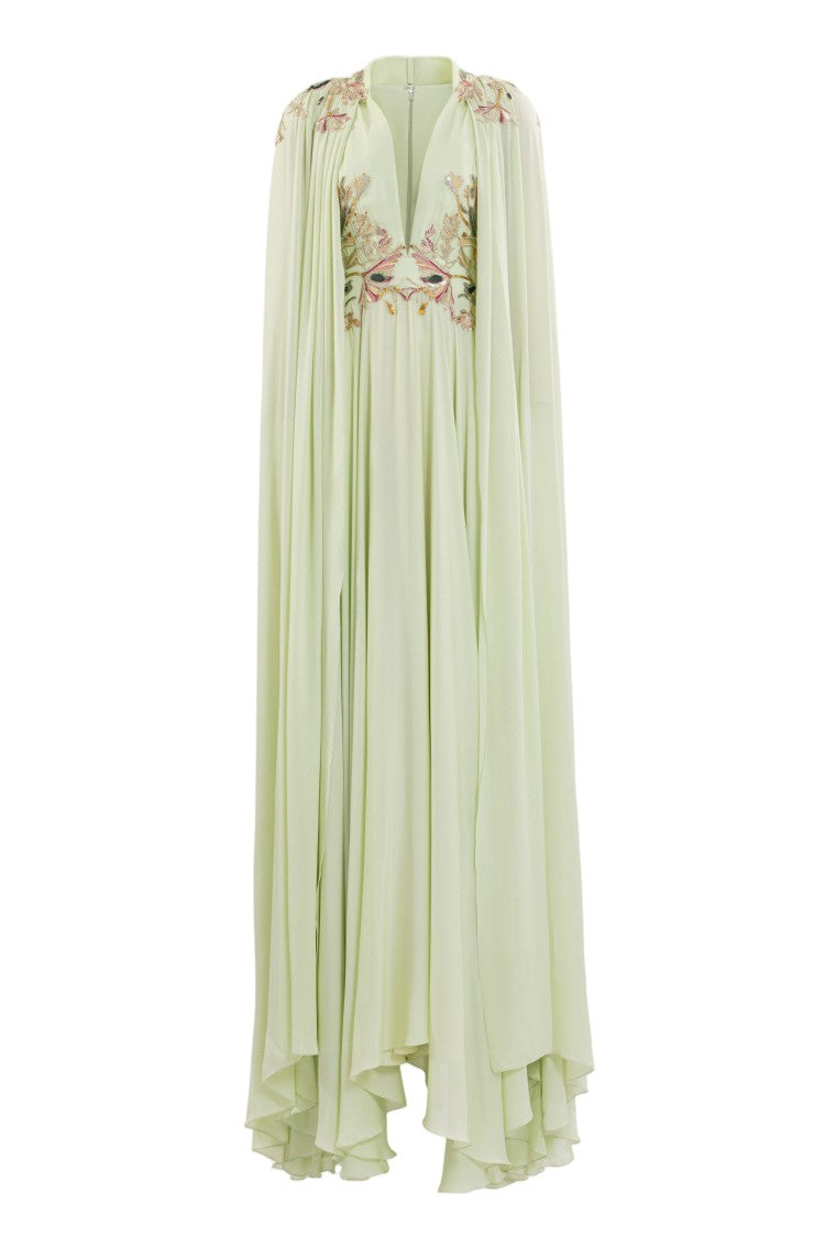 Saiid Kobeisy Reed-Colored Crepe Maxi Dress With Elegant Cape And Embroidery