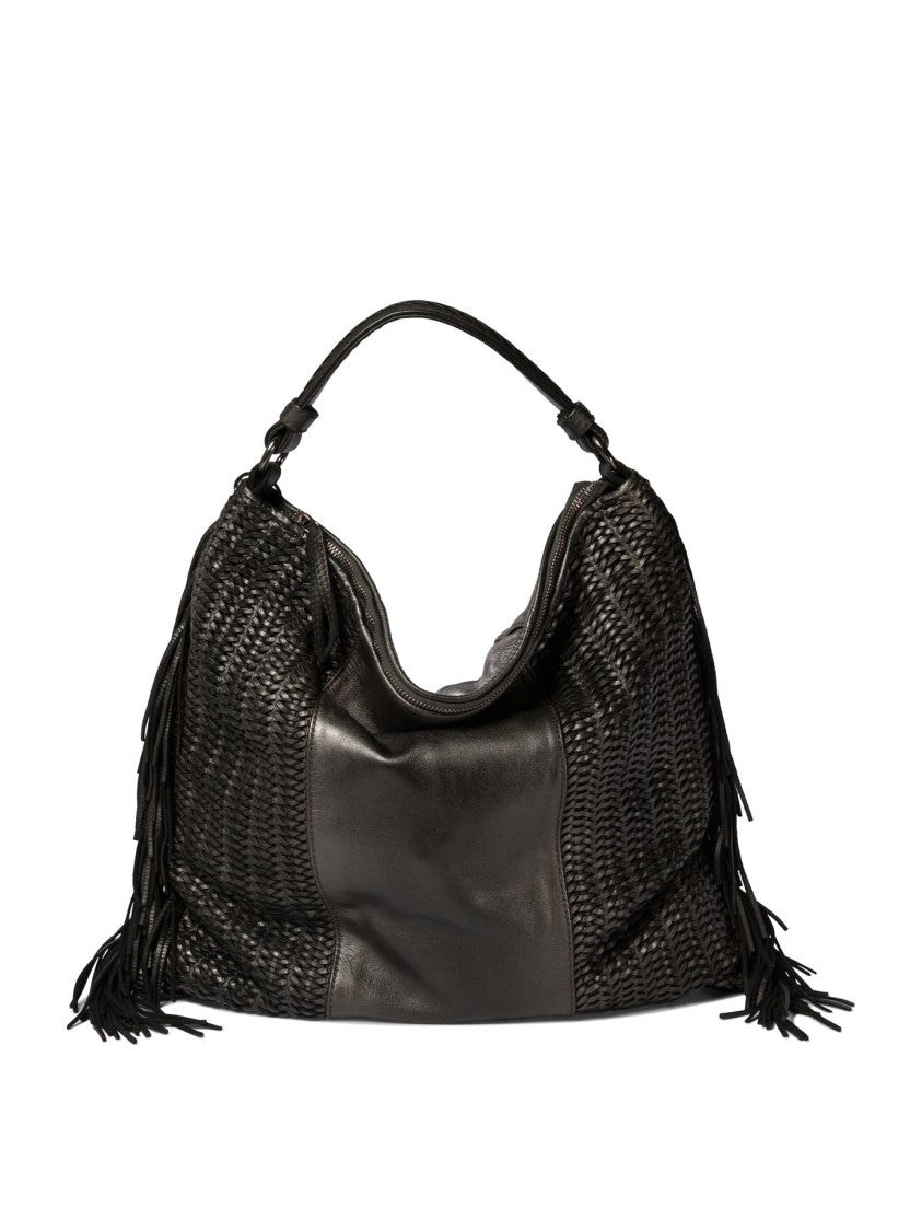 Giancarlo Nevola Smooth Leather Shoulder Bag With Woven Panels And Fringe Detail