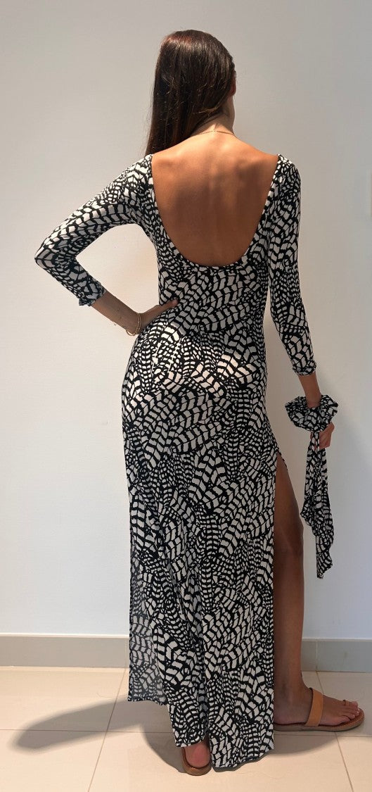 Hawa Made From Love Black Optical Pattern Fitted Maxi Dress