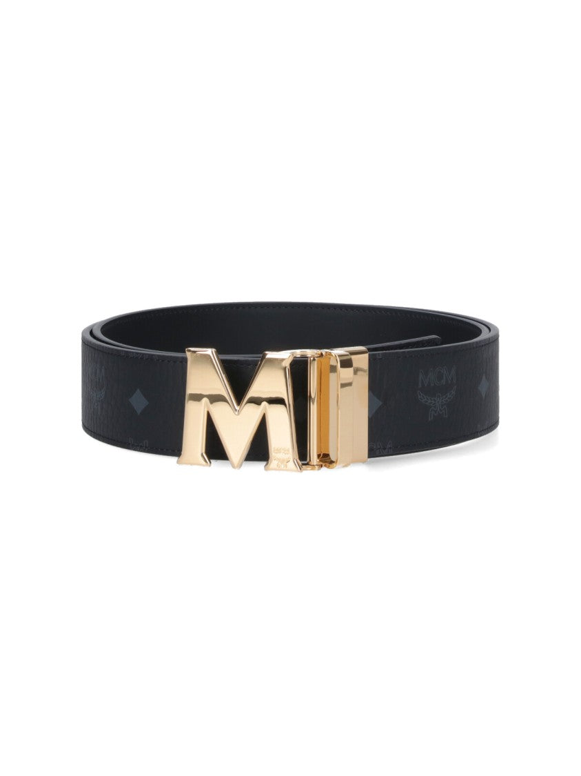 Mcm Reversible Black Visetos Belt With Gold-Tone Buckle