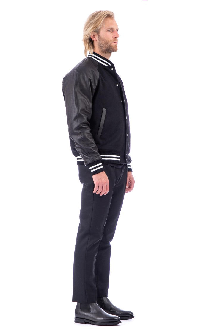 Pt Torino Bimaterial Leather-Wool Jacket With Baseball Collar