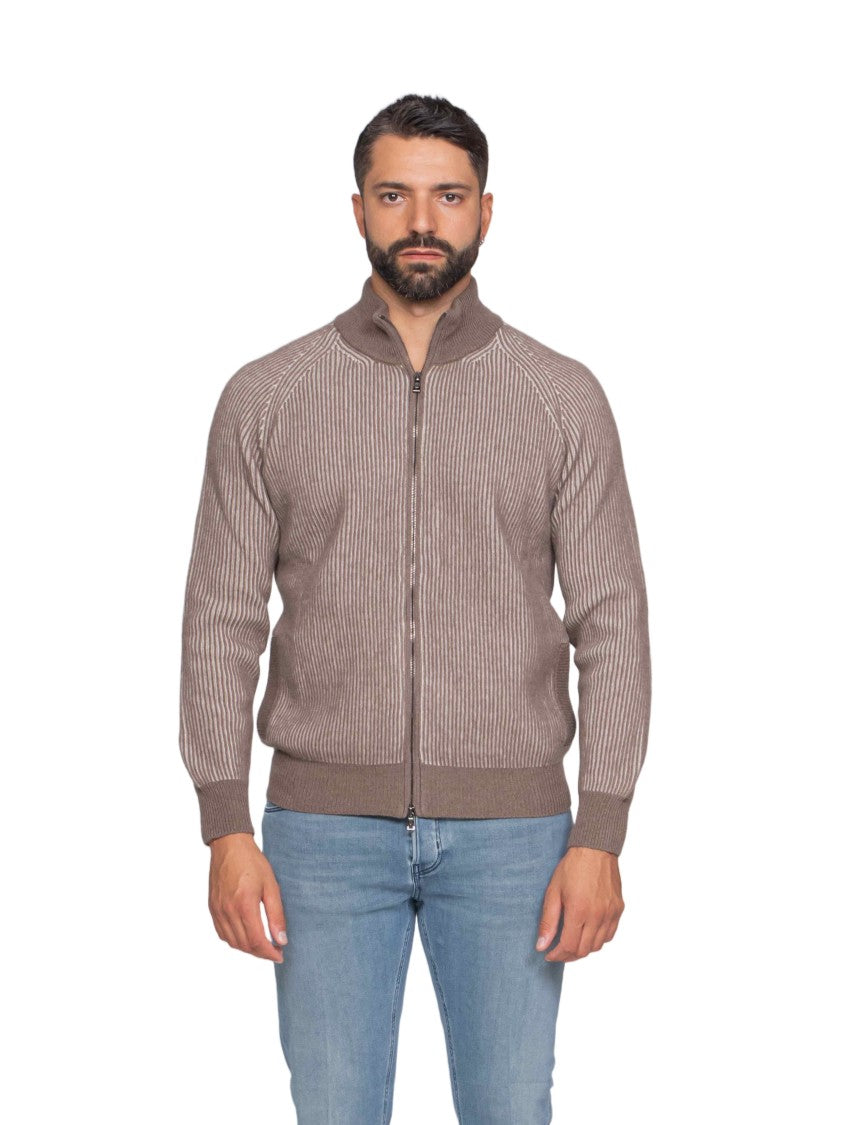 Ballantyne Brown Ribbed Zip-Up Cardigan With High Collar And Fitted Cuffs