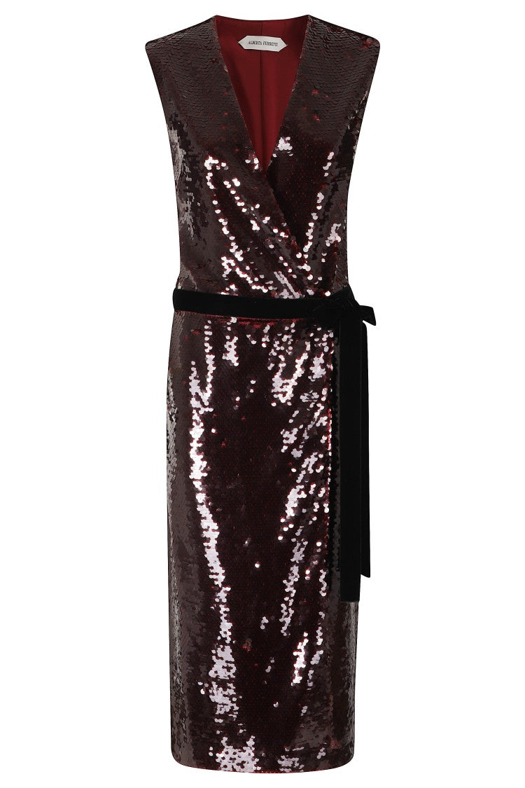 Alberta Ferretti Sleeveless Sequined Wrap Front Velvet Belt Midi Dress
