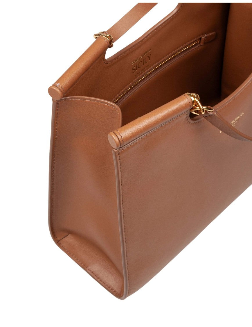 Dolce & Gabbana Small Sicily Shopping Bag In Caramel Leather
