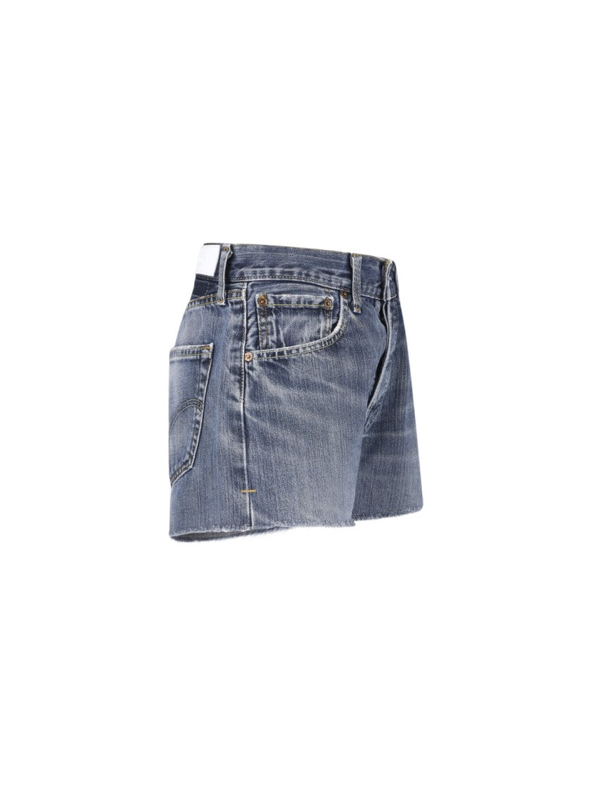 Re/Done Blue Mid-Rise Distressed Frayed Denim Shorts