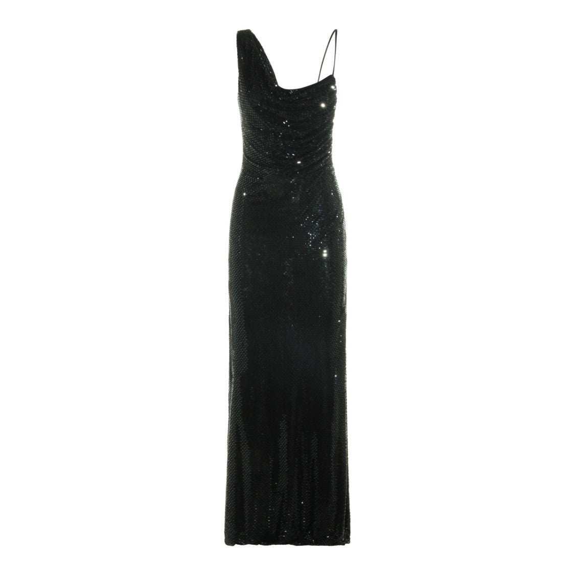 Self-Portrait Long Black Dress With Asymmetrical Neckline And Rhinestone Accents