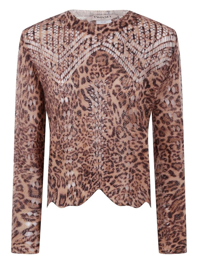 Twin-Set Textured Knit Sweater With Animal Print Design