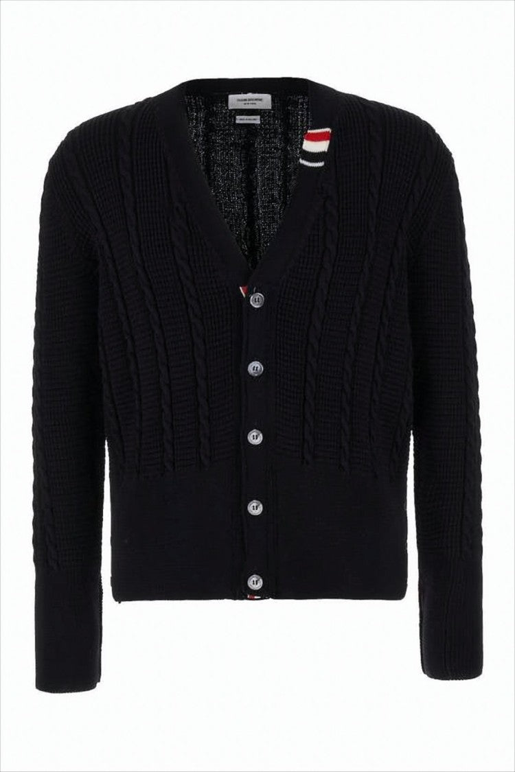 Thom Browne Textured Knit Cardigan With Deep V-Neckline And Decorative Buttons