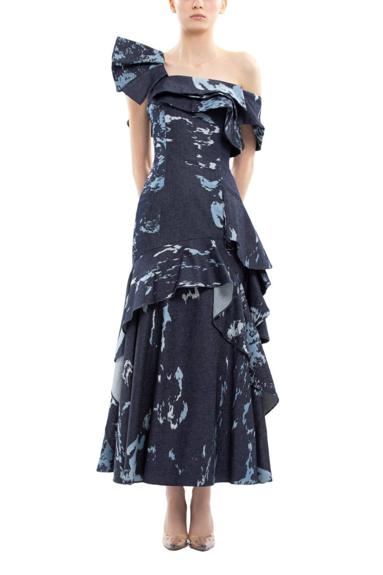 Saiid Kobeisy Layered Printed Denim Midi Dress