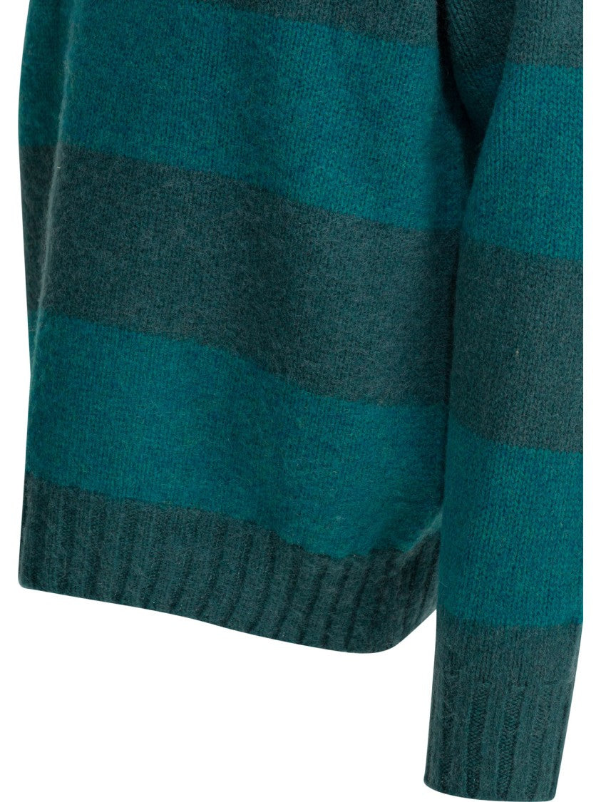 Beams Plus Wide Stripe Knit Sweater In Dark Teal And Deep Grey-Green
