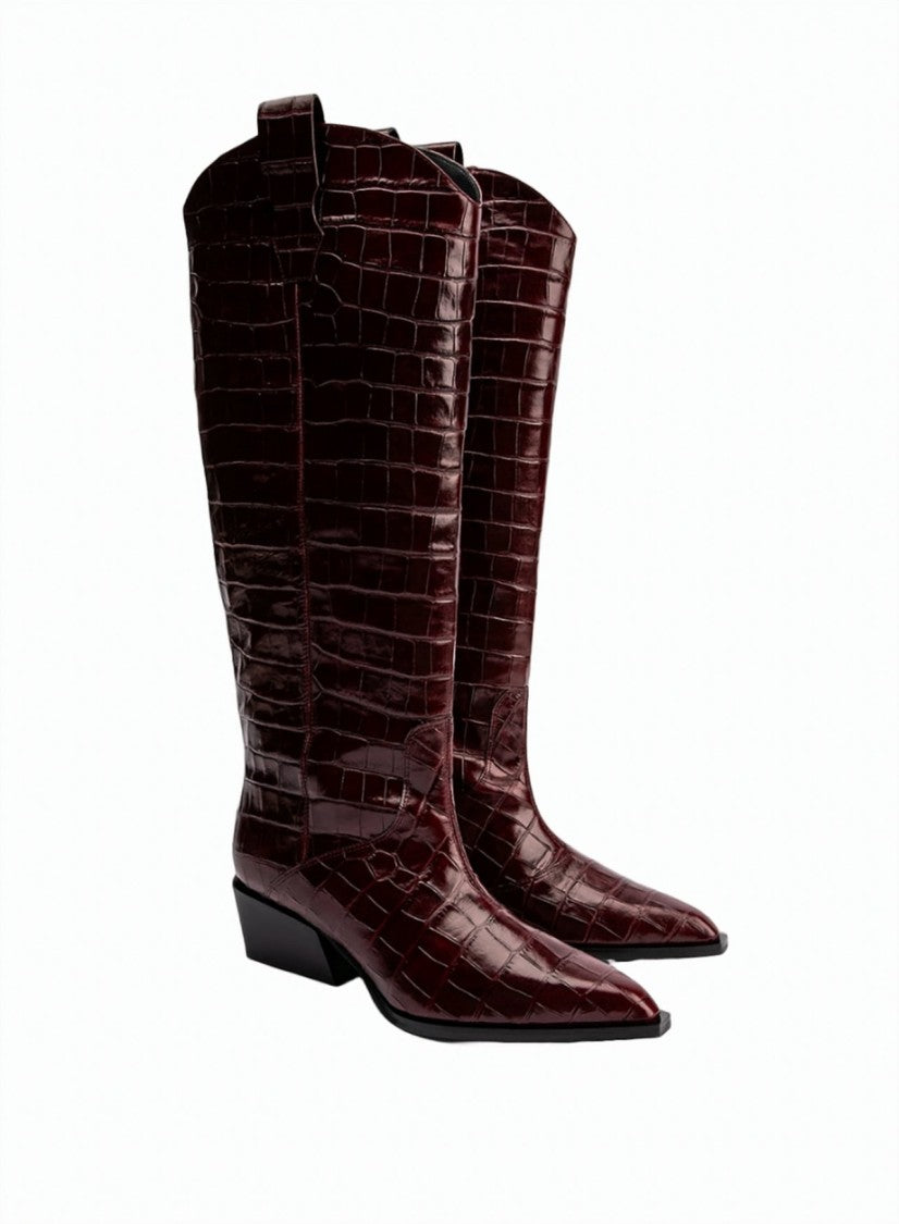 Poeve Crocodile-Embossed Calfskin Flared Block Heel Tall Boots