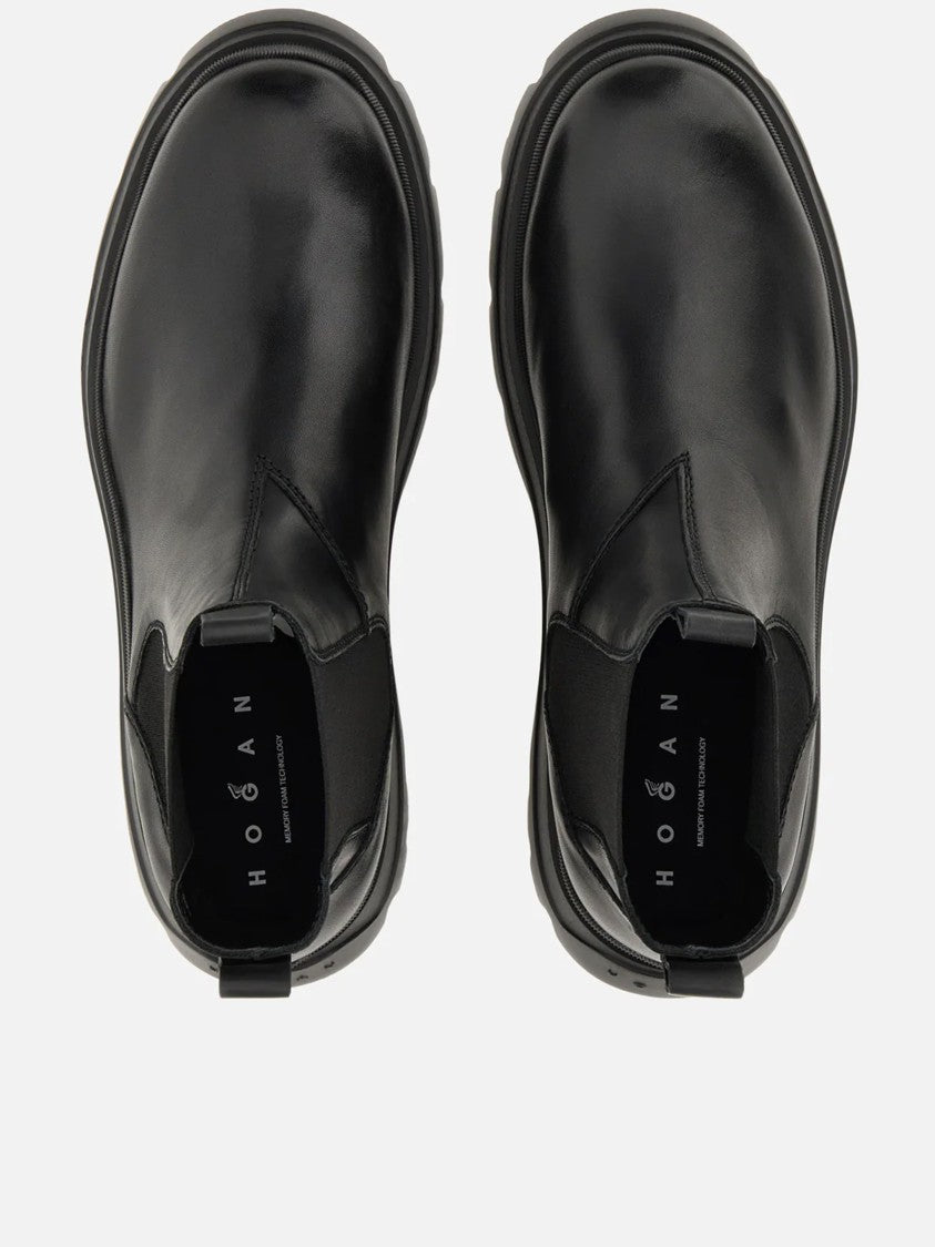 Hogan Black Leather Elastic Side Boots