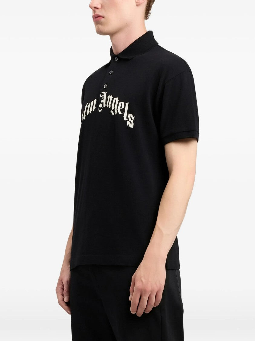 Palm Angels Black Curved Logo Polo Cotton Shirt