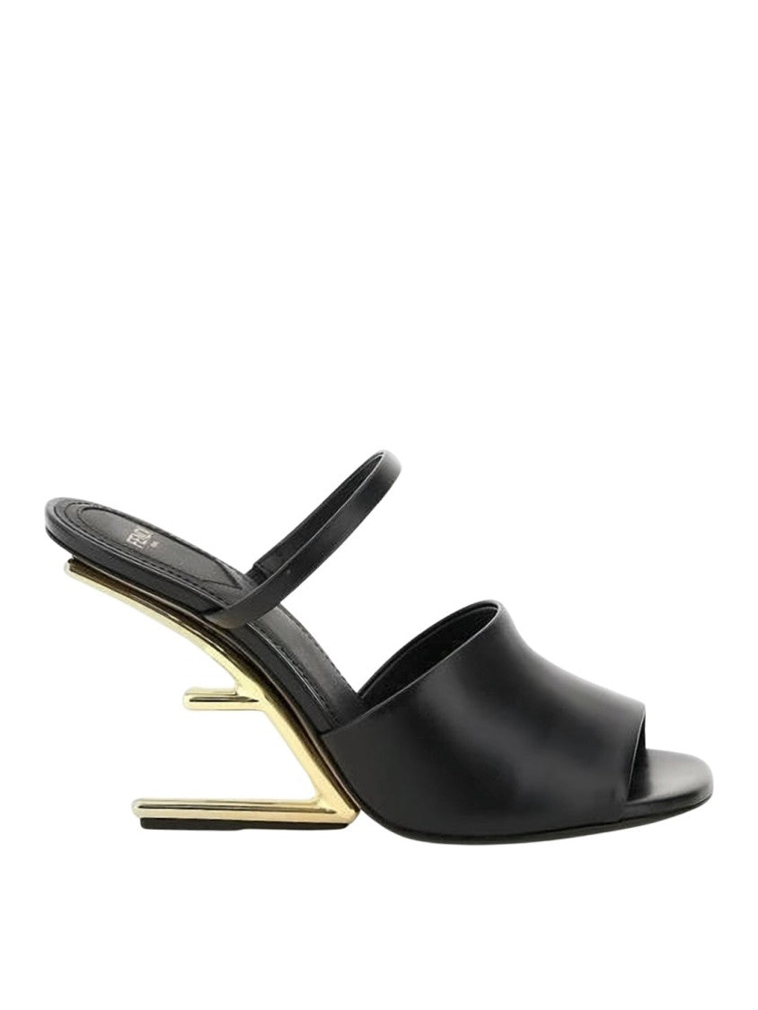 Fendi Sculptural Gold-Heel Black Calf Leather Mules